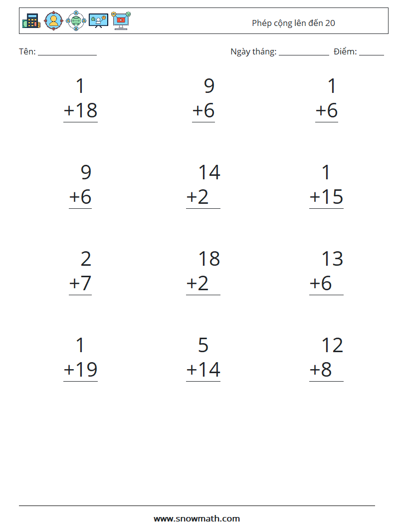 (12) Phép cộng lên đến 20 Bảng tính toán học 2