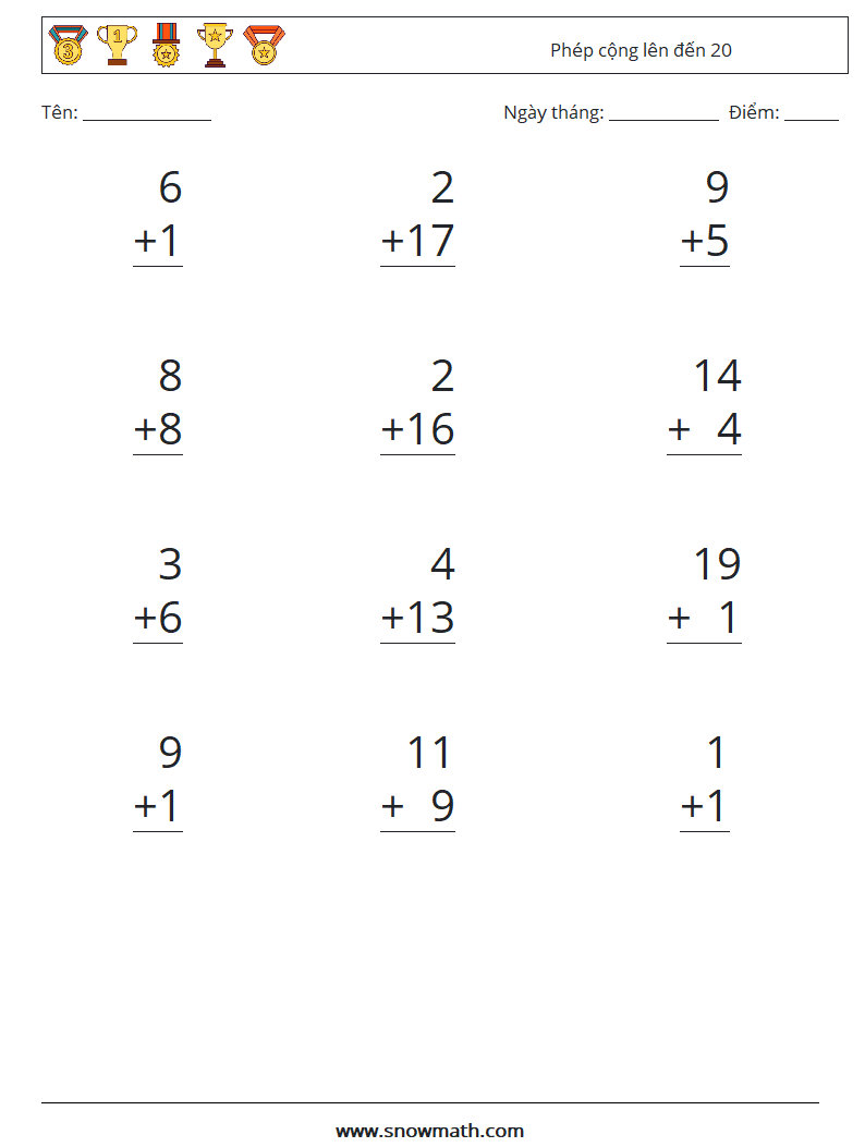 (12) Phép cộng lên đến 20 Bảng tính toán học 3