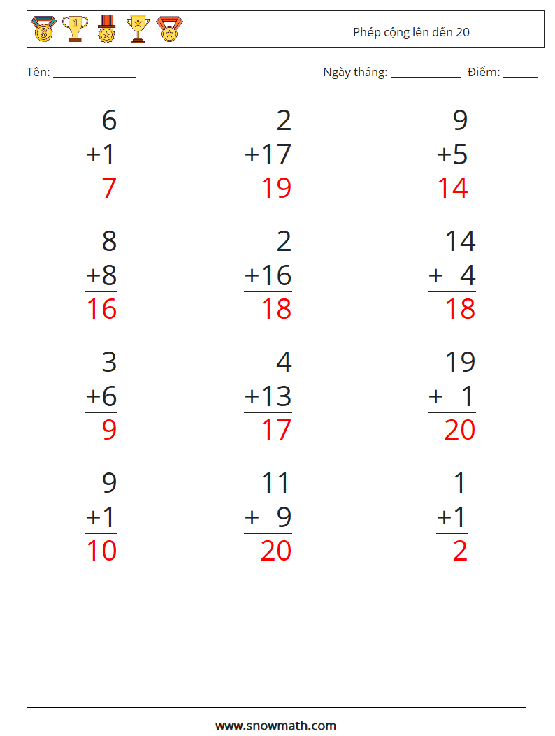 (12) Phép cộng lên đến 20 Bảng tính toán học 3 Câu hỏi, câu trả lời