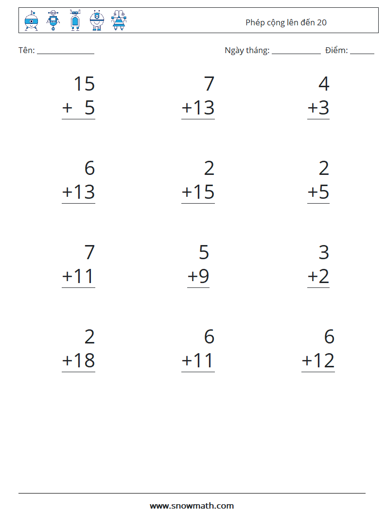 (12) Phép cộng lên đến 20 Bảng tính toán học 4