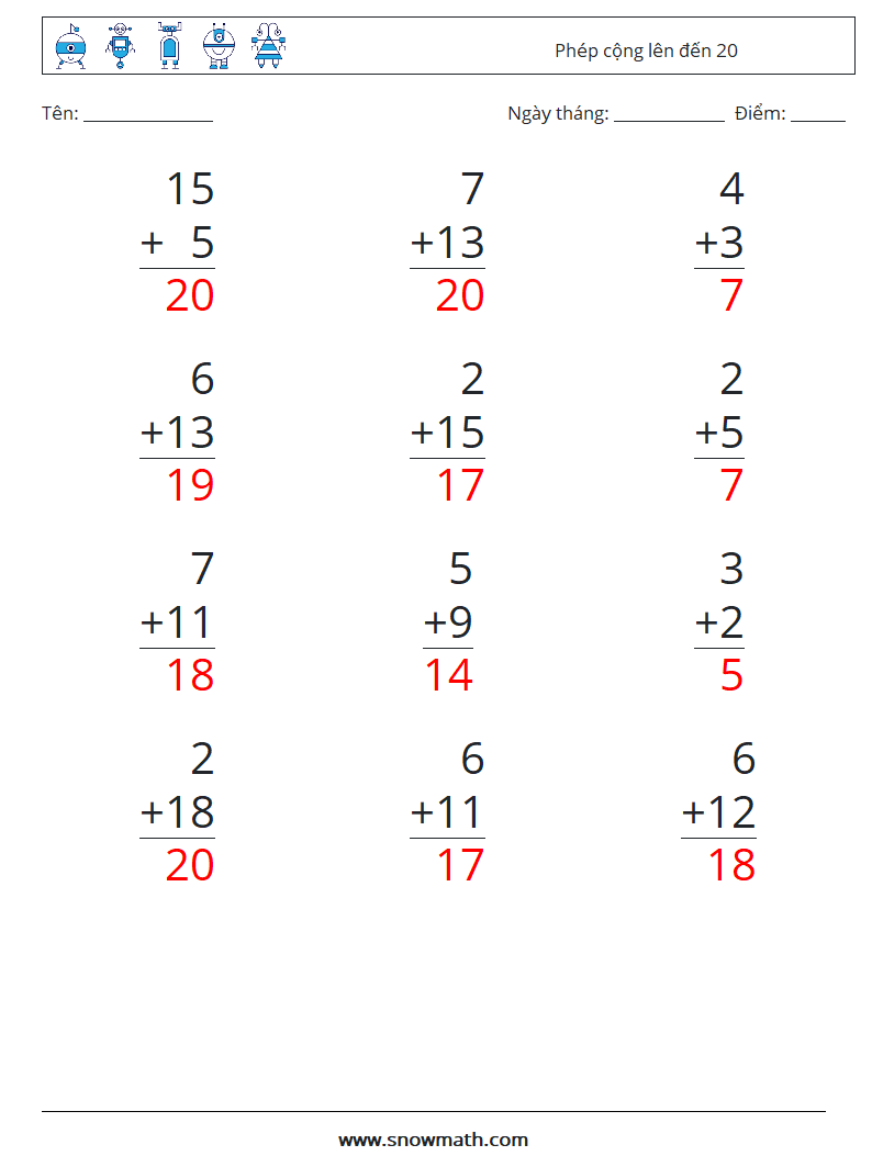 (12) Phép cộng lên đến 20 Bảng tính toán học 4 Câu hỏi, câu trả lời