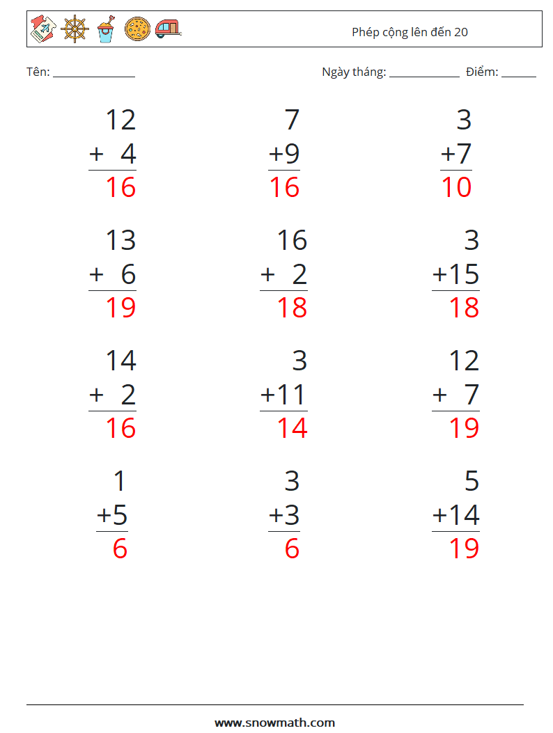 (12) Phép cộng lên đến 20 Bảng tính toán học 5 Câu hỏi, câu trả lời