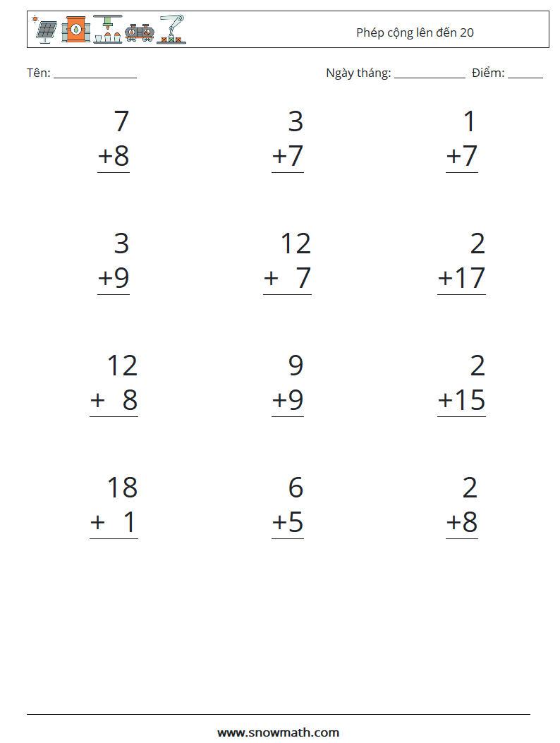 (12) Phép cộng lên đến 20 Bảng tính toán học 6