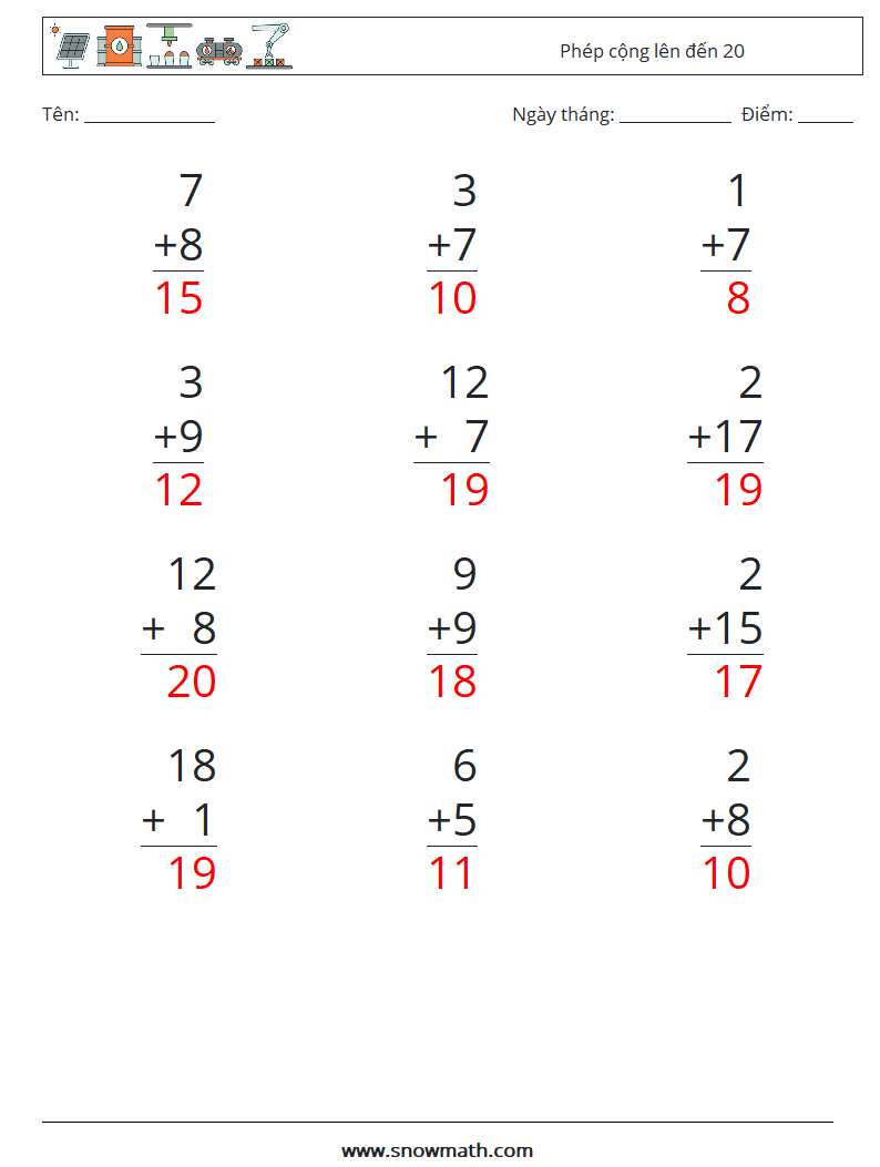 (12) Phép cộng lên đến 20 Bảng tính toán học 6 Câu hỏi, câu trả lời