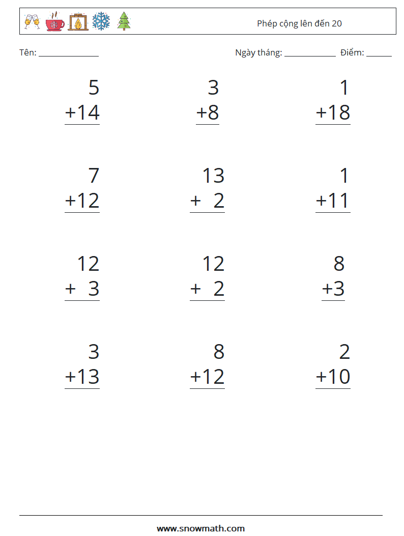 (12) Phép cộng lên đến 20 Bảng tính toán học 8
