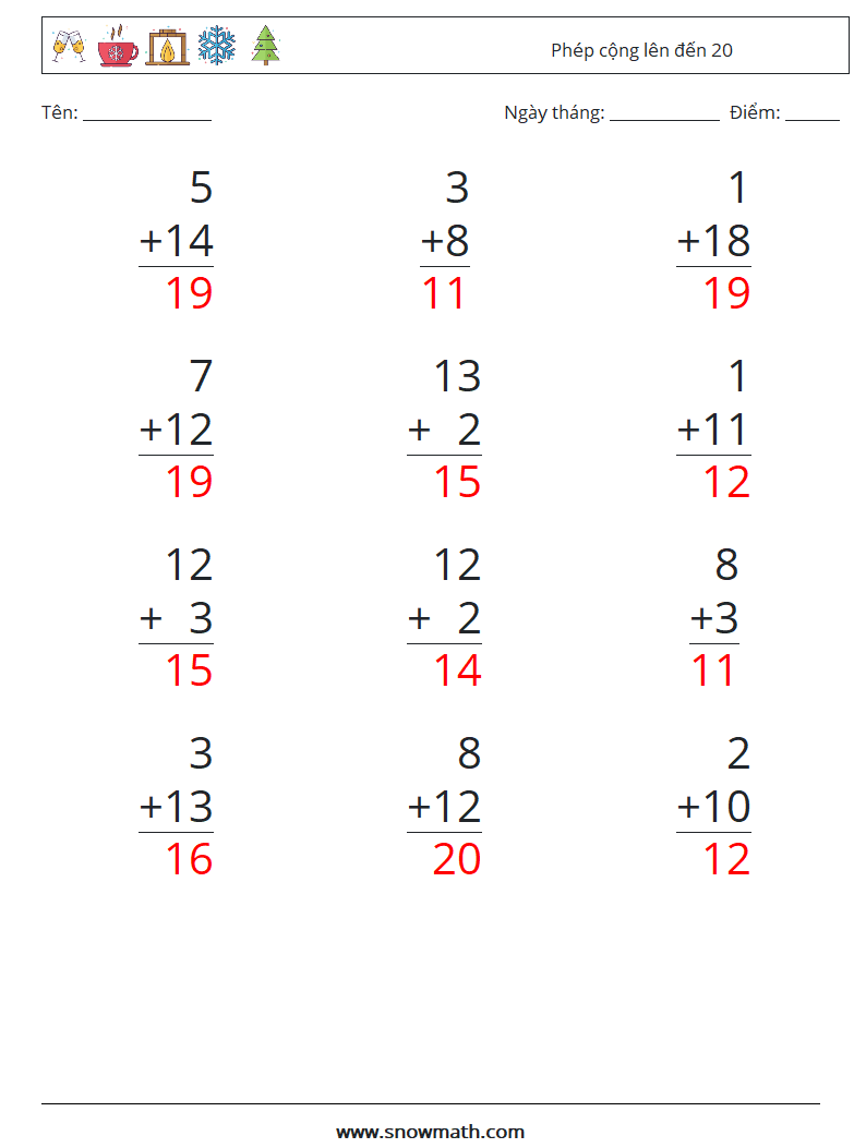 (12) Phép cộng lên đến 20 Bảng tính toán học 8 Câu hỏi, câu trả lời