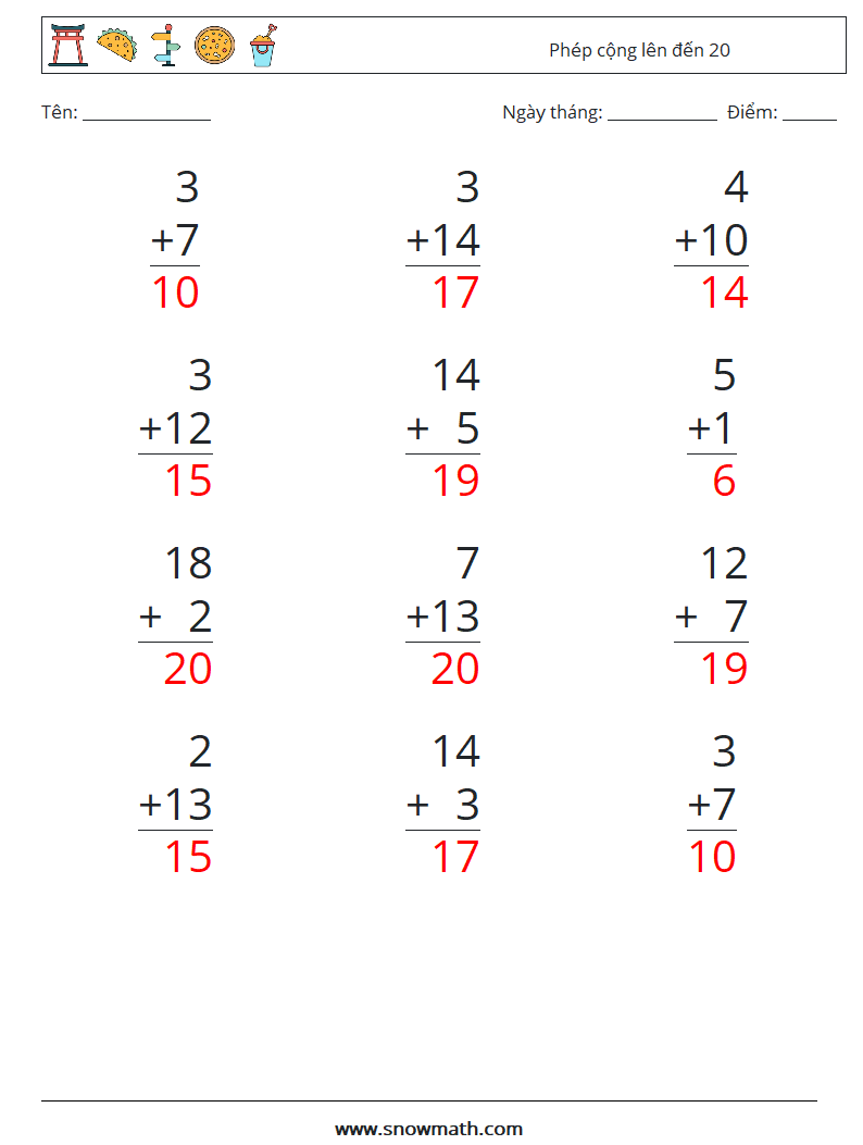(12) Phép cộng lên đến 20 Bảng tính toán học 9 Câu hỏi, câu trả lời