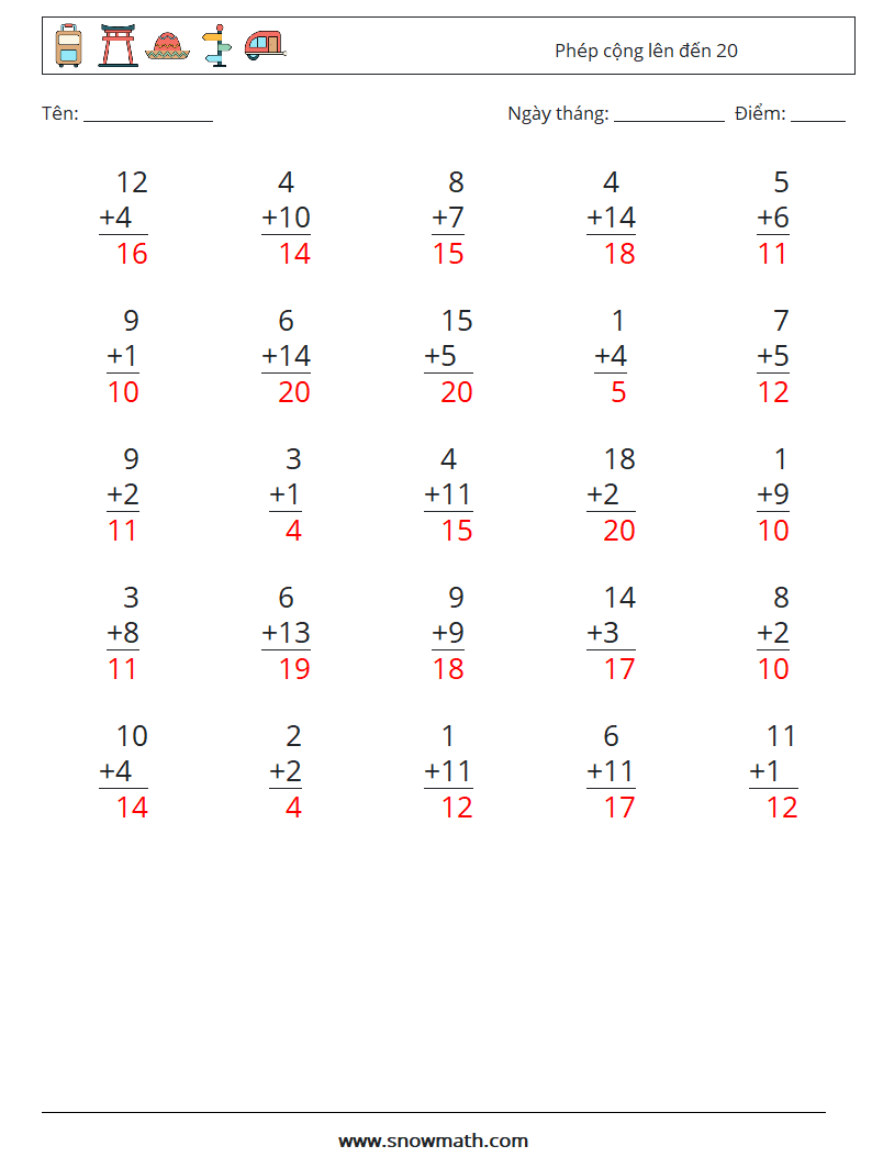 (25) Phép cộng lên đến 20 Bảng tính toán học 1 Câu hỏi, câu trả lời