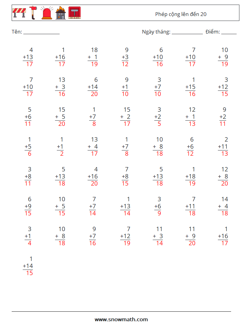 (50) Phép cộng lên đến 20 Bảng tính toán học 11 Câu hỏi, câu trả lời