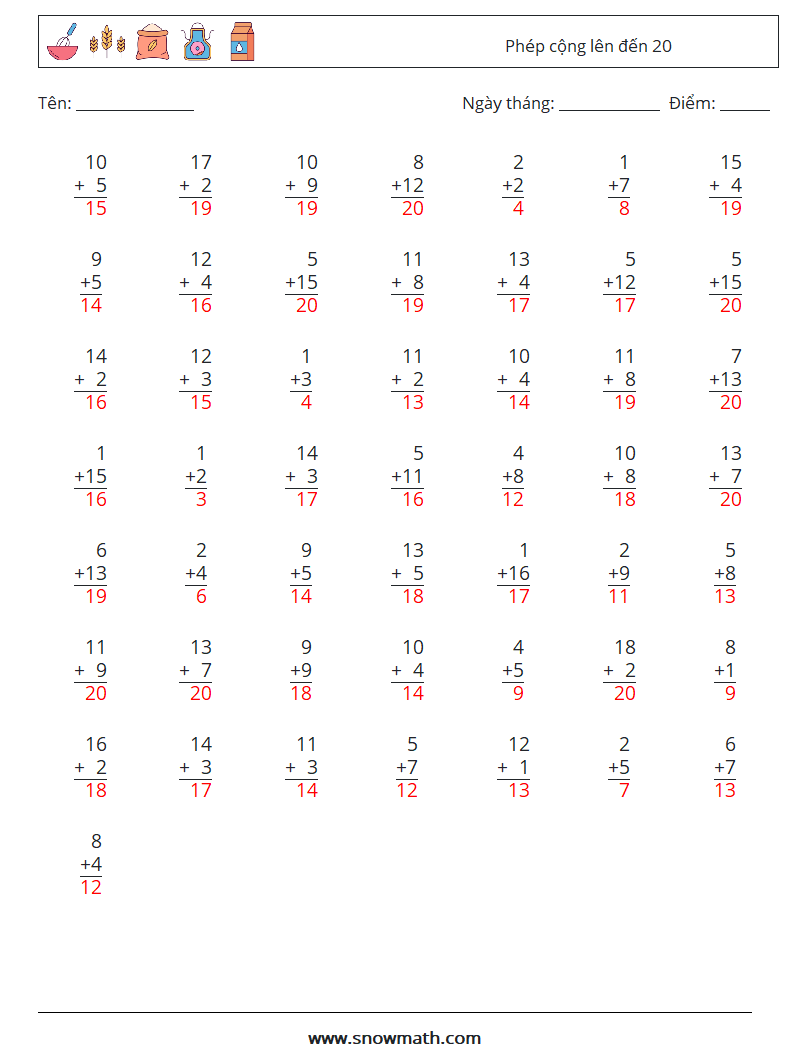 (50) Phép cộng lên đến 20 Bảng tính toán học 12 Câu hỏi, câu trả lời