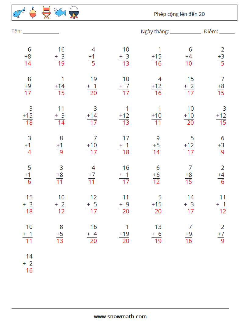 (50) Phép cộng lên đến 20 Bảng tính toán học 13 Câu hỏi, câu trả lời