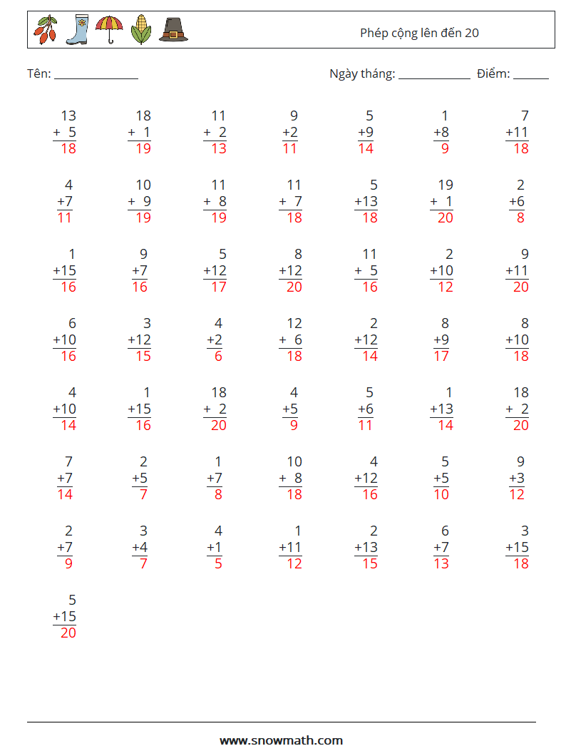 (50) Phép cộng lên đến 20 Bảng tính toán học 15 Câu hỏi, câu trả lời
