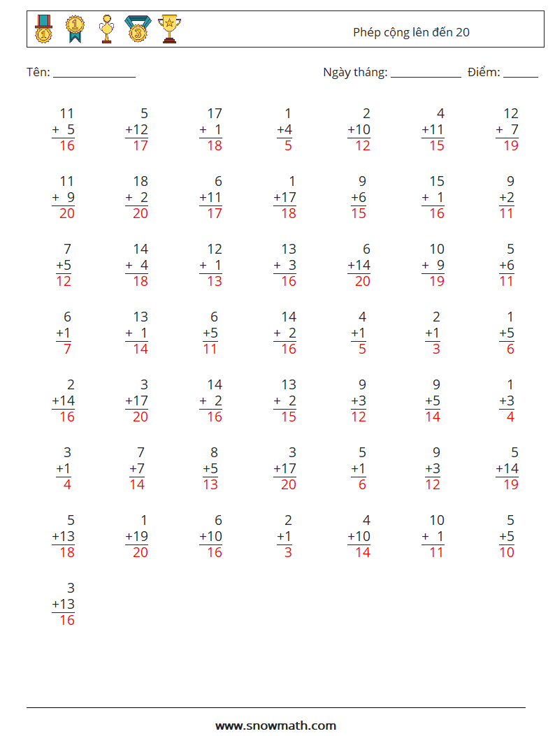 (50) Phép cộng lên đến 20 Bảng tính toán học 16 Câu hỏi, câu trả lời