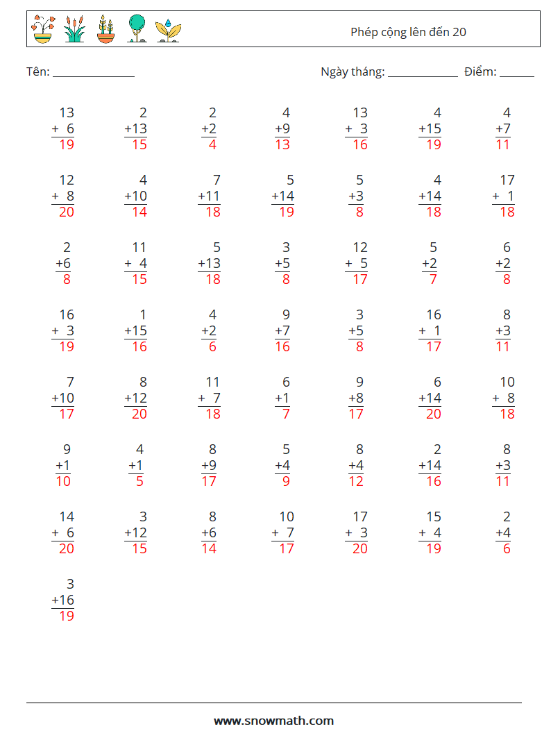 (50) Phép cộng lên đến 20 Bảng tính toán học 17 Câu hỏi, câu trả lời
