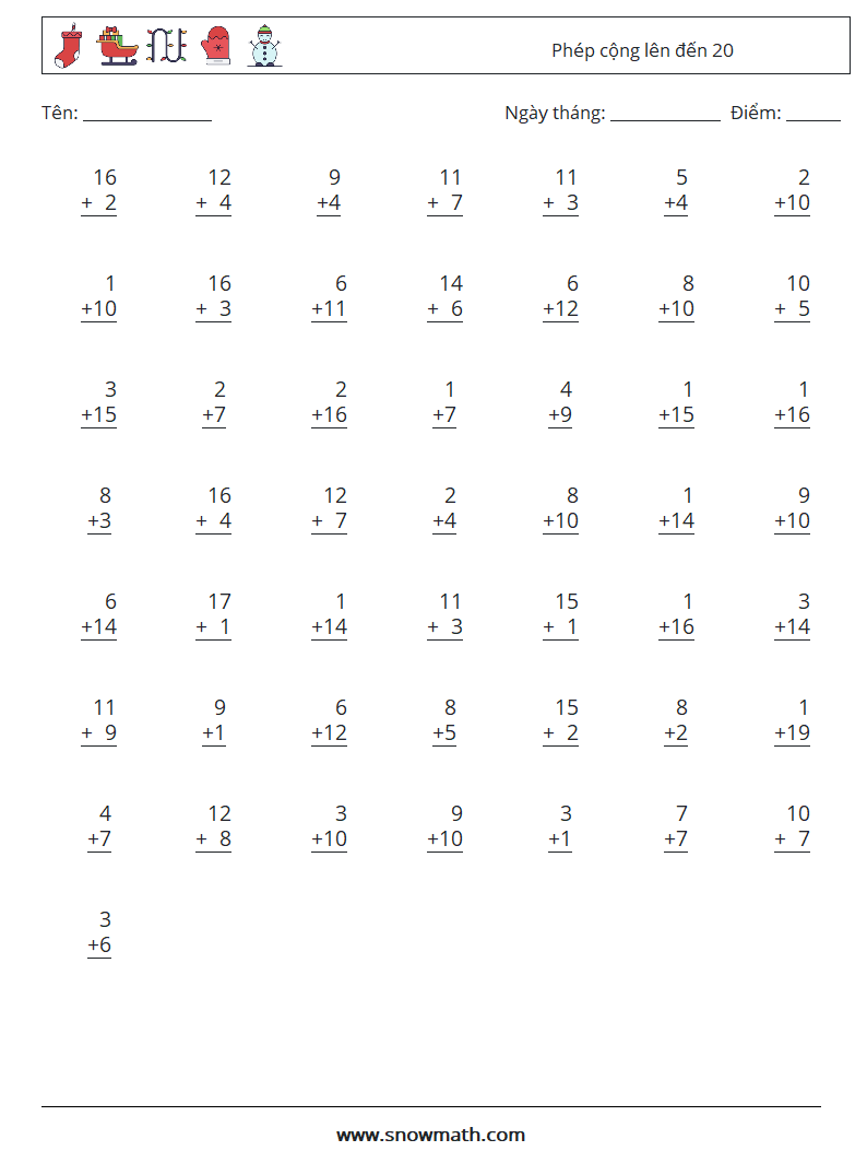 (50) Phép cộng lên đến 20 Bảng tính toán học 5