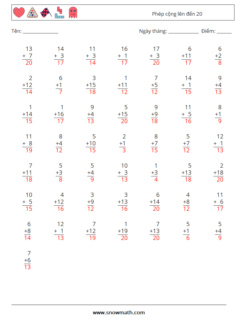 (50) Phép cộng lên đến 20 Bảng tính toán học 7 Câu hỏi, câu trả lời