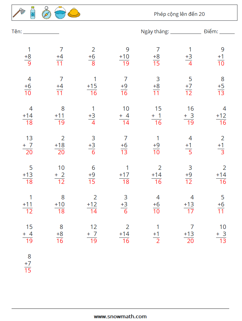 (50) Phép cộng lên đến 20 Bảng tính toán học 8 Câu hỏi, câu trả lời