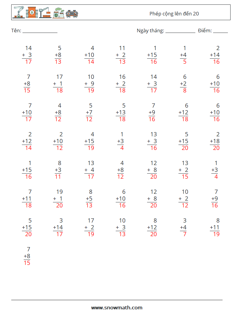 (50) Phép cộng lên đến 20 Bảng tính toán học 9 Câu hỏi, câu trả lời