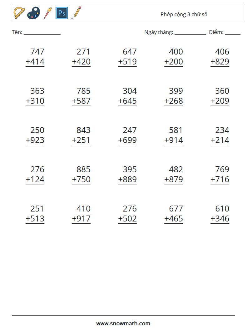 (25) Phép cộng 3 chữ số Bảng tính toán học 14