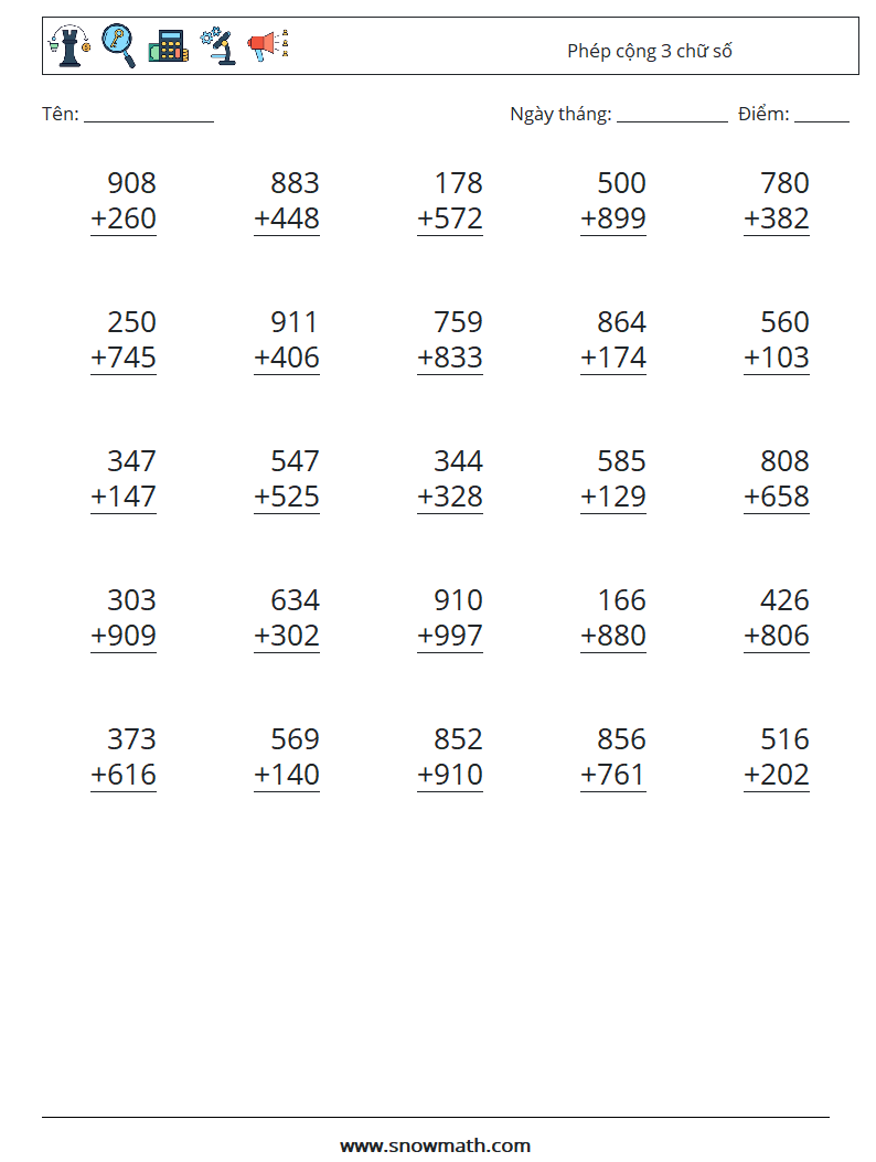 (25) Phép cộng 3 chữ số Bảng tính toán học 5