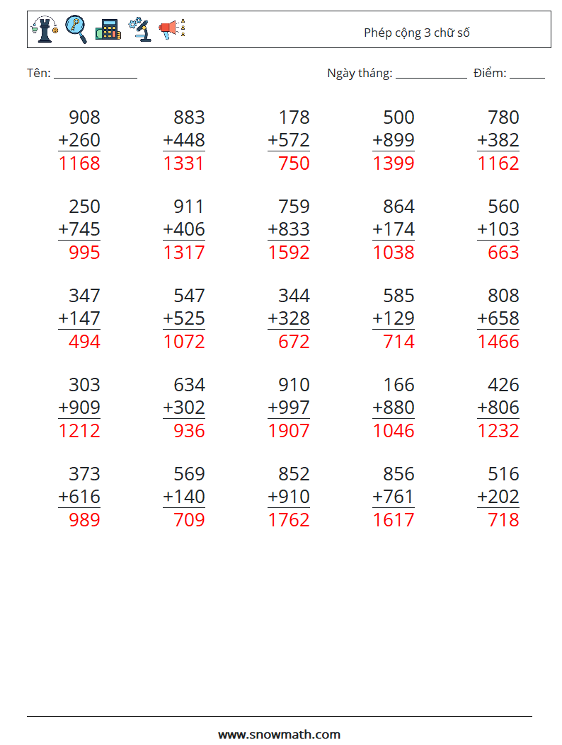 (25) Phép cộng 3 chữ số Bảng tính toán học 5 Câu hỏi, câu trả lời