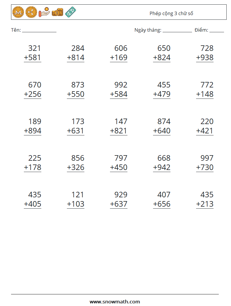 (25) Phép cộng 3 chữ số Bảng tính toán học 6