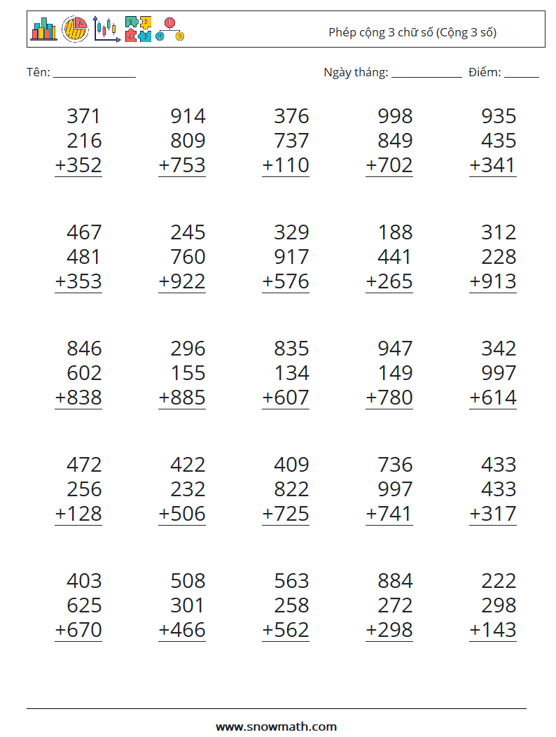(25) Phép cộng 3 chữ số (Cộng 3 số) Bảng tính toán học 14