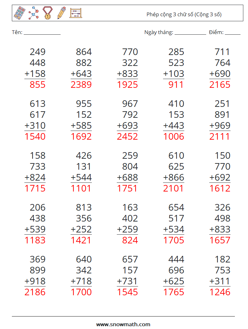 (25) Phép cộng 3 chữ số (Cộng 3 số) Bảng tính toán học 5 Câu hỏi, câu trả lời