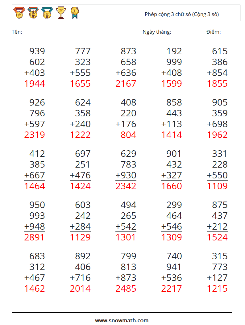 (25) Phép cộng 3 chữ số (Cộng 3 số) Bảng tính toán học 6 Câu hỏi, câu trả lời