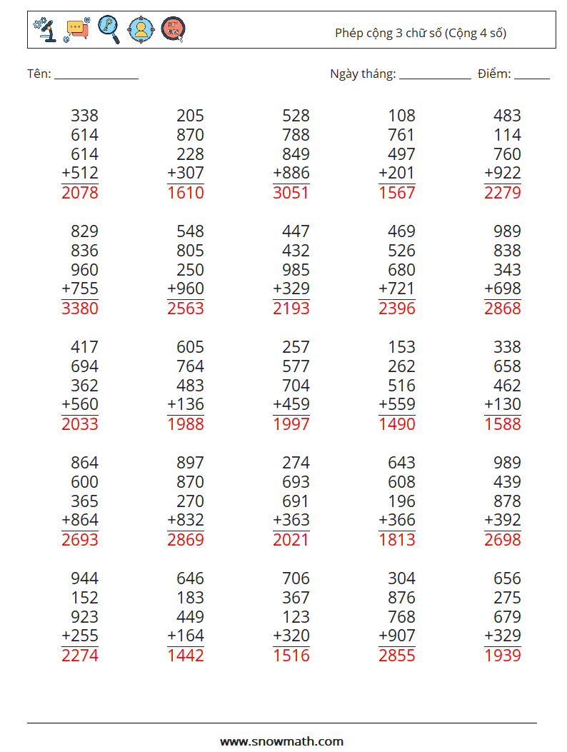 (25) Phép cộng 3 chữ số (Cộng 4 số) Bảng tính toán học 13 Câu hỏi, câu trả lời