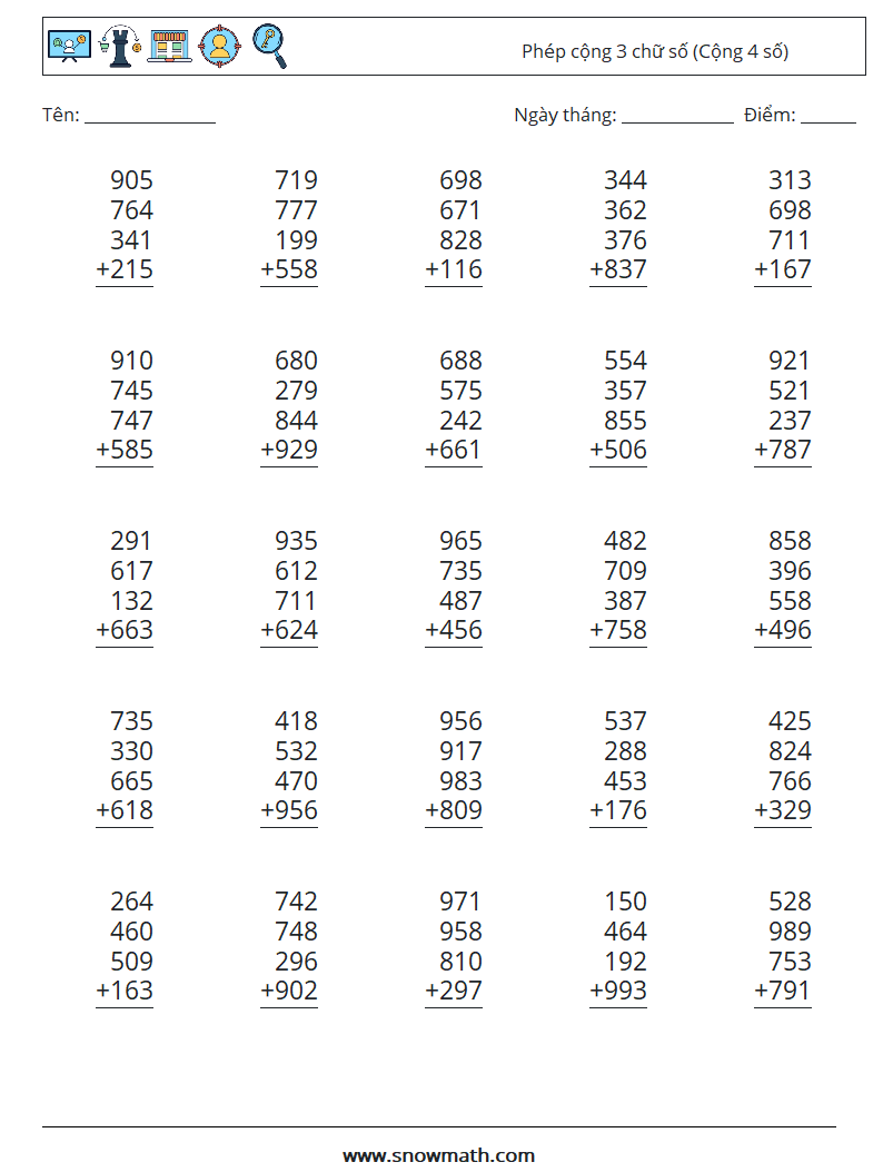 (25) Phép cộng 3 chữ số (Cộng 4 số) Bảng tính toán học 15