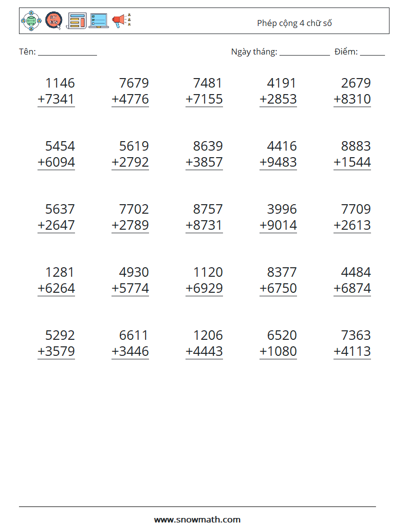 (25) Phép cộng 4 chữ số Bảng tính toán học 4