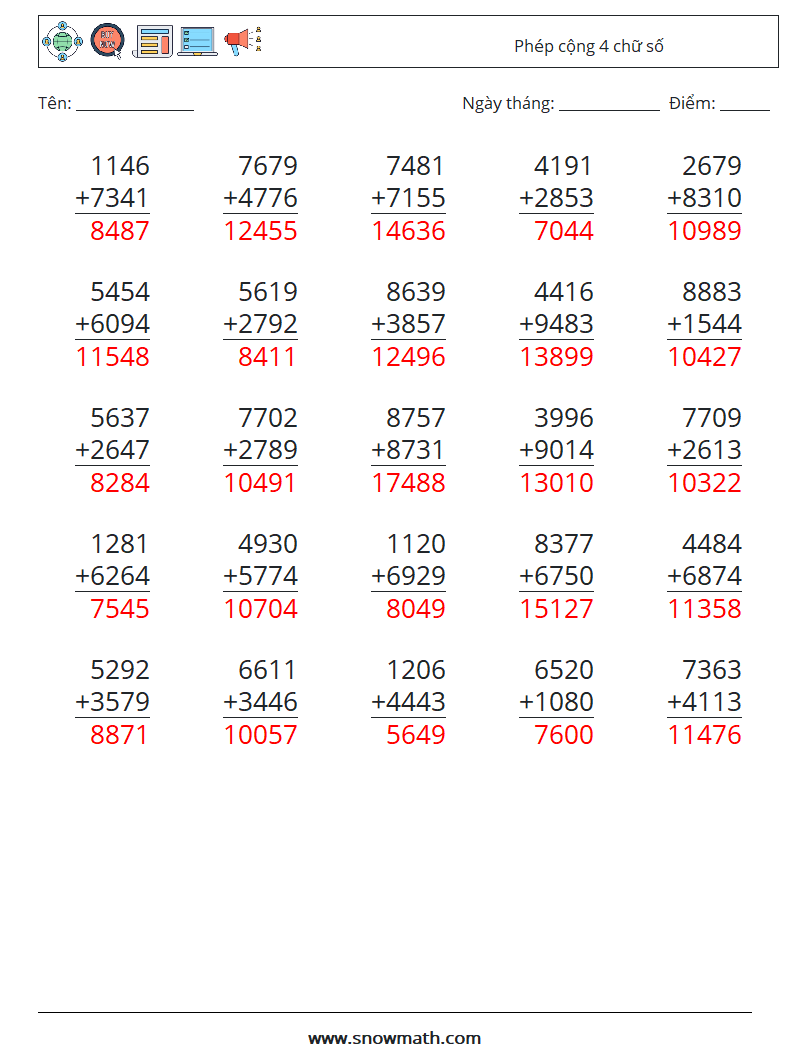 (25) Phép cộng 4 chữ số Bảng tính toán học 4 Câu hỏi, câu trả lời