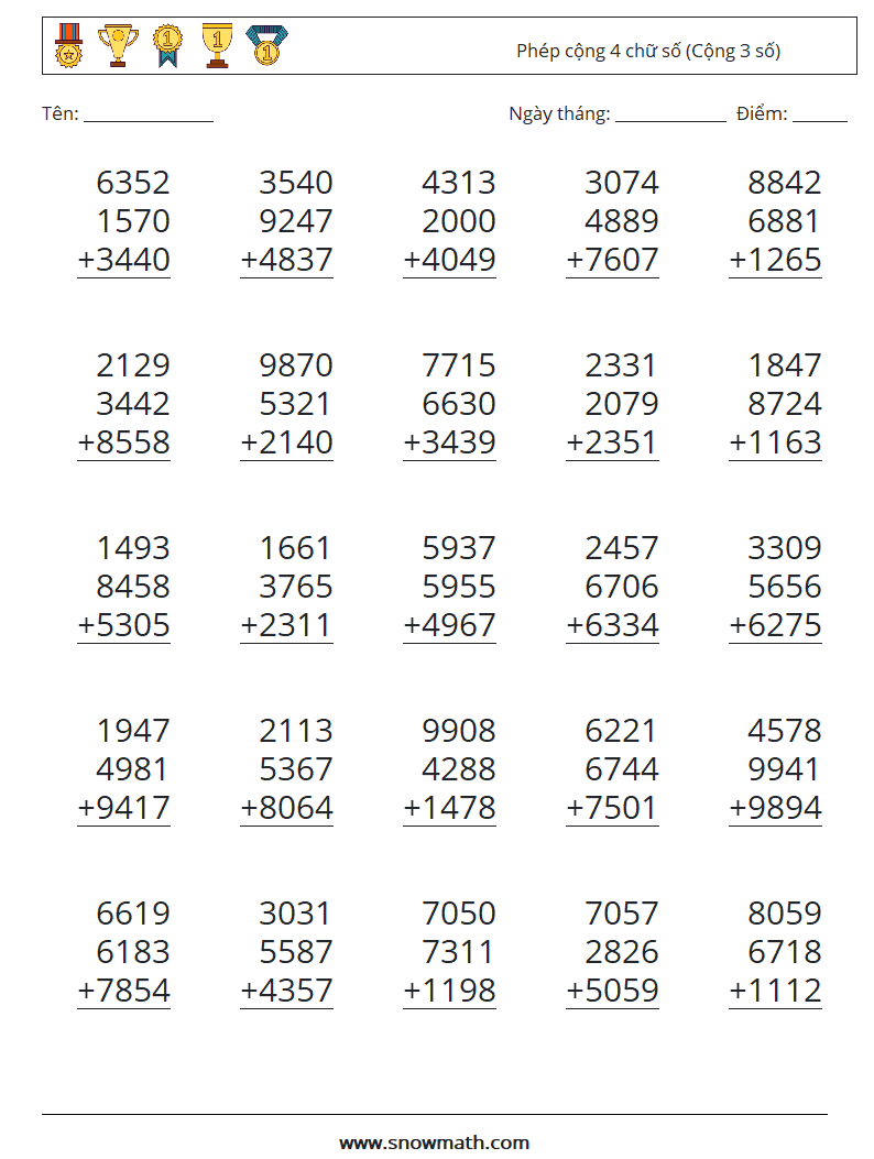 (25) Phép cộng 4 chữ số (Cộng 3 số)
