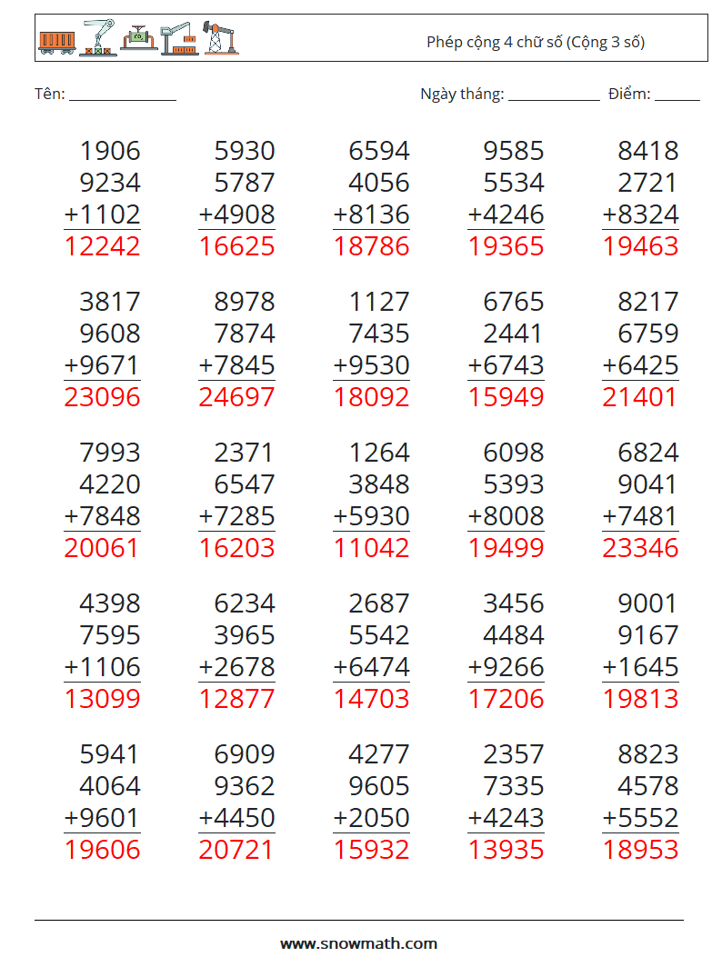 (25) Phép cộng 4 chữ số (Cộng 3 số) Bảng tính toán học 17 Câu hỏi, câu trả lời