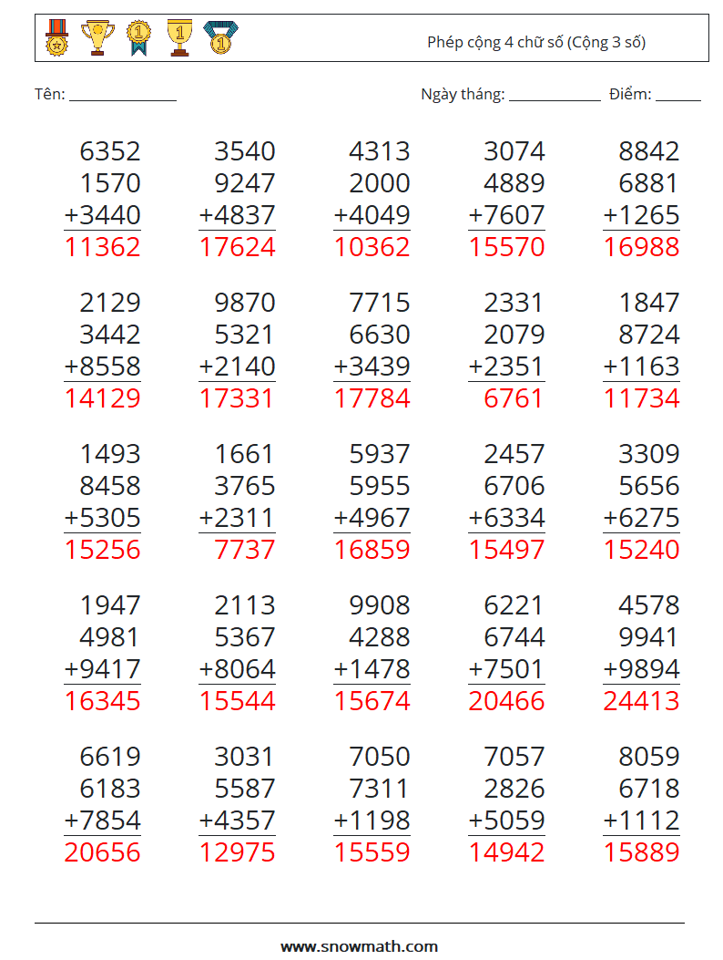 (25) Phép cộng 4 chữ số (Cộng 3 số) Bảng tính toán học 1 Câu hỏi, câu trả lời