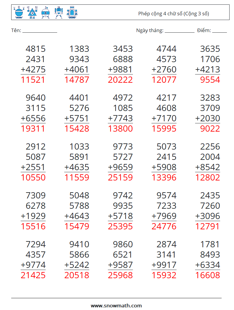 (25) Phép cộng 4 chữ số (Cộng 3 số) Bảng tính toán học 3 Câu hỏi, câu trả lời
