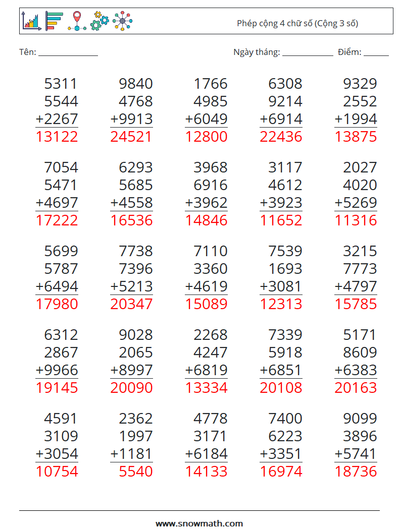 (25) Phép cộng 4 chữ số (Cộng 3 số) Bảng tính toán học 5 Câu hỏi, câu trả lời