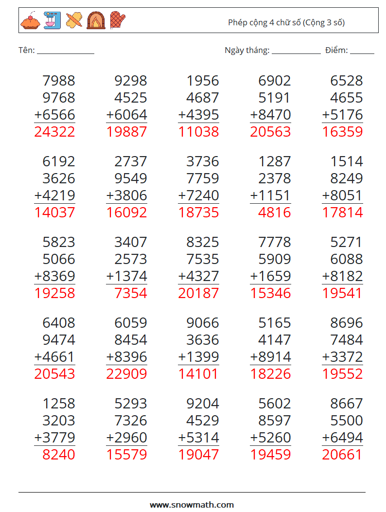 (25) Phép cộng 4 chữ số (Cộng 3 số) Bảng tính toán học 6 Câu hỏi, câu trả lời