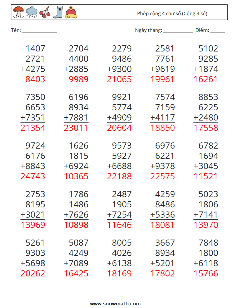 (25) Phép cộng 4 chữ số (Cộng 3 số) Bảng tính toán học 7 Câu hỏi, câu trả lời