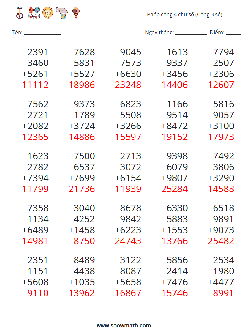 (25) Phép cộng 4 chữ số (Cộng 3 số) Bảng tính toán học 8 Câu hỏi, câu trả lời