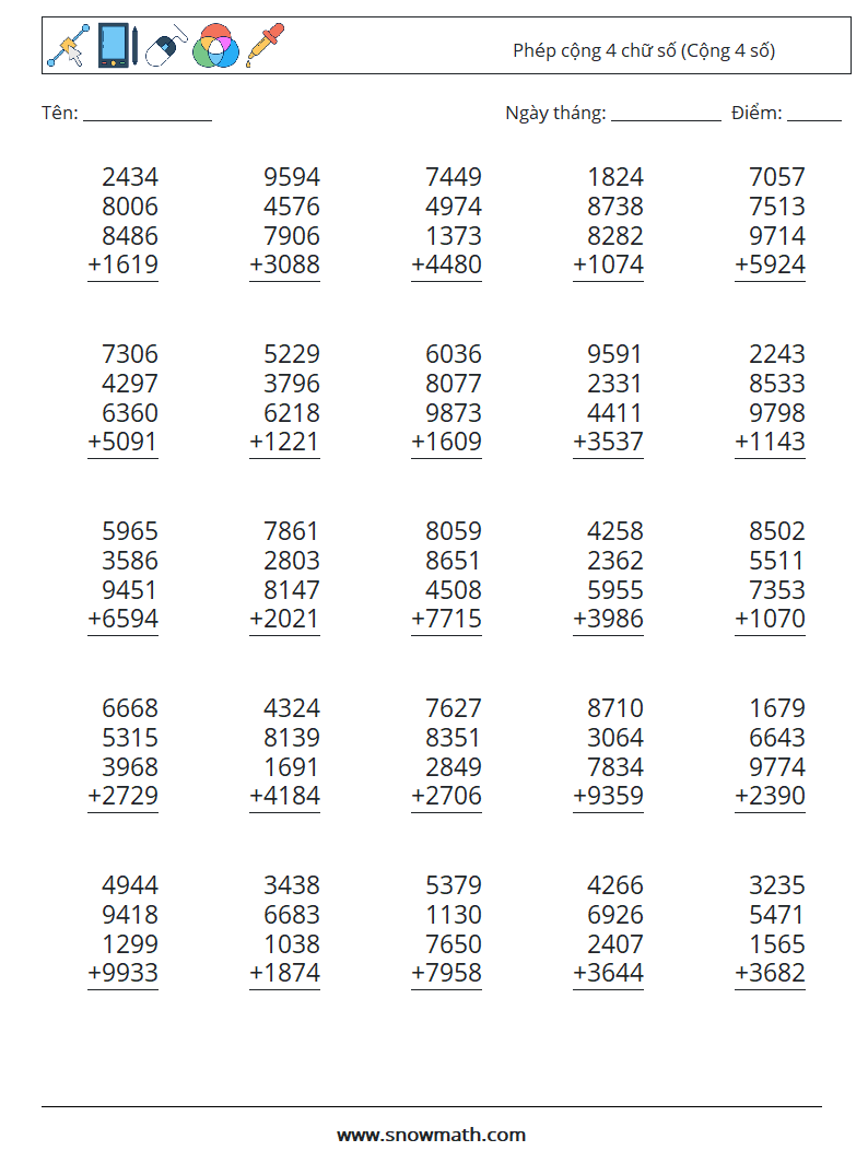 (25) Phép cộng 4 chữ số (Cộng 4 số) Bảng tính toán học 1