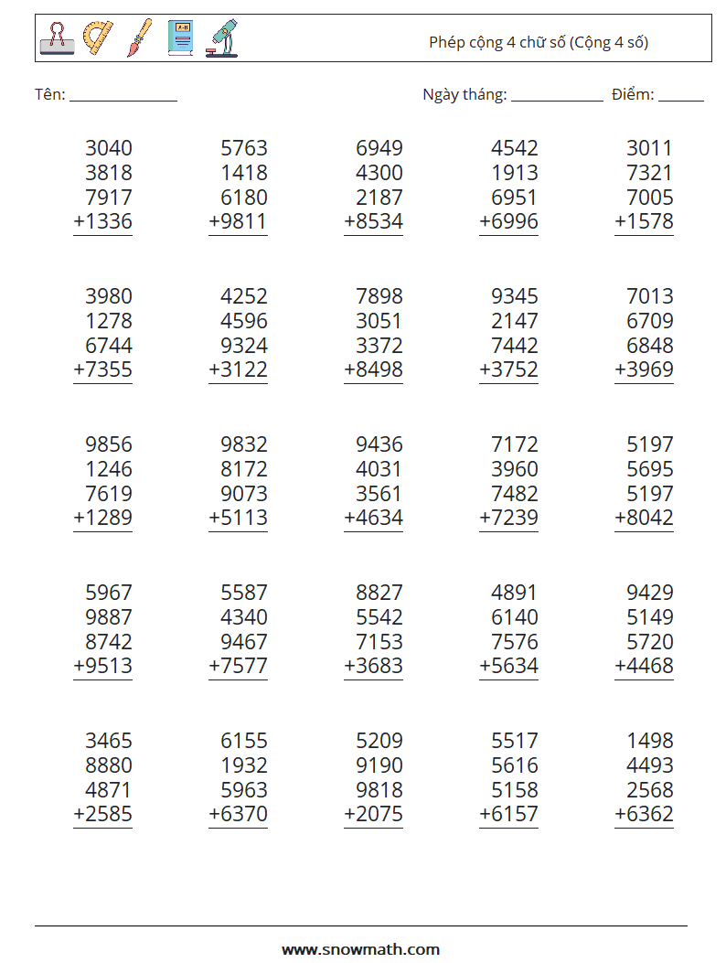 (25) Phép cộng 4 chữ số (Cộng 4 số) Bảng tính toán học 12