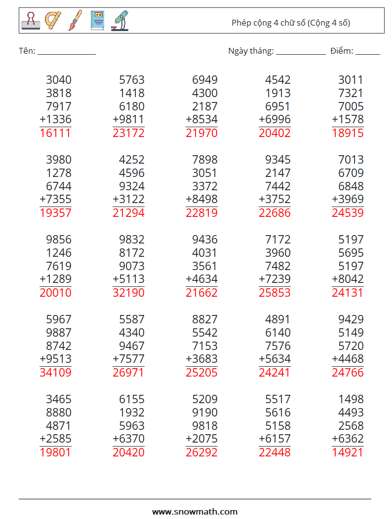 (25) Phép cộng 4 chữ số (Cộng 4 số) Bảng tính toán học 12 Câu hỏi, câu trả lời