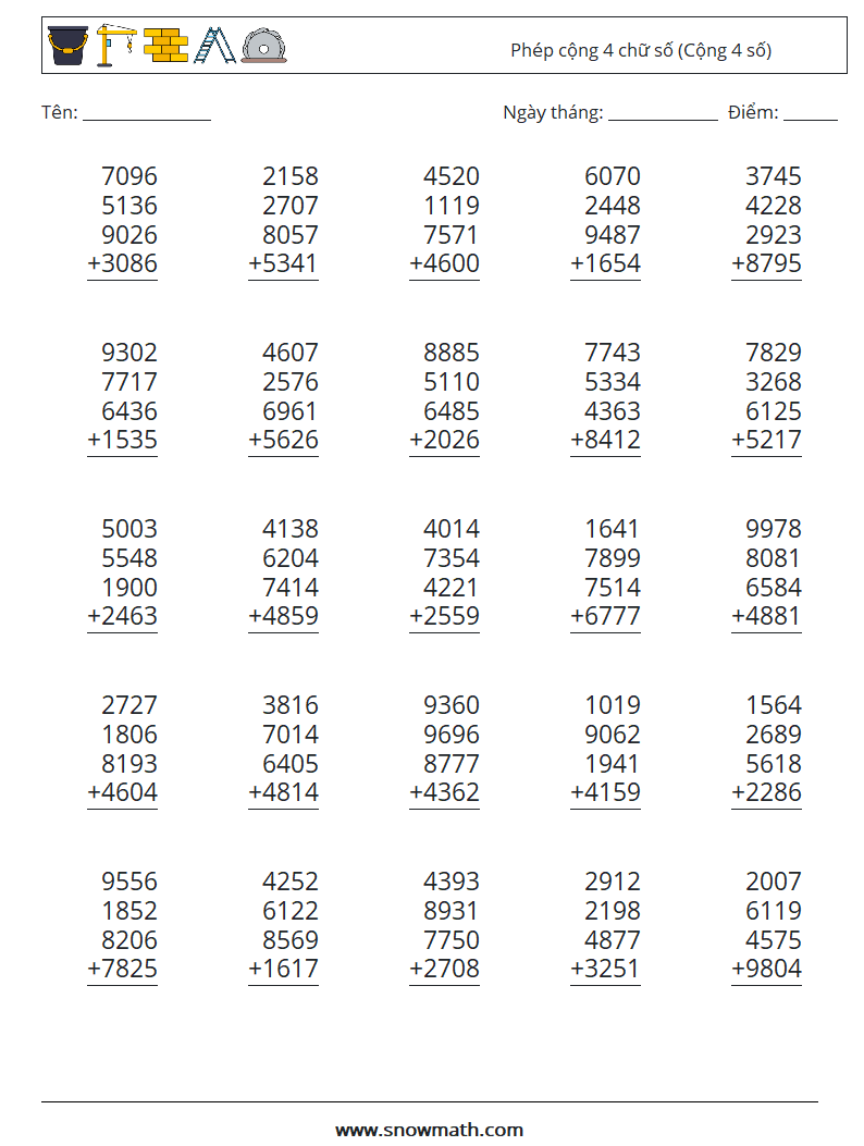 (25) Phép cộng 4 chữ số (Cộng 4 số) Bảng tính toán học 14