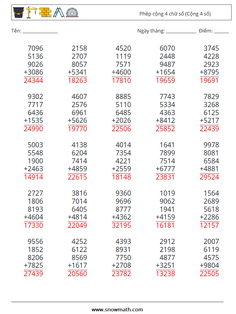 (25) Phép cộng 4 chữ số (Cộng 4 số) Bảng tính toán học 14 Câu hỏi, câu trả lời