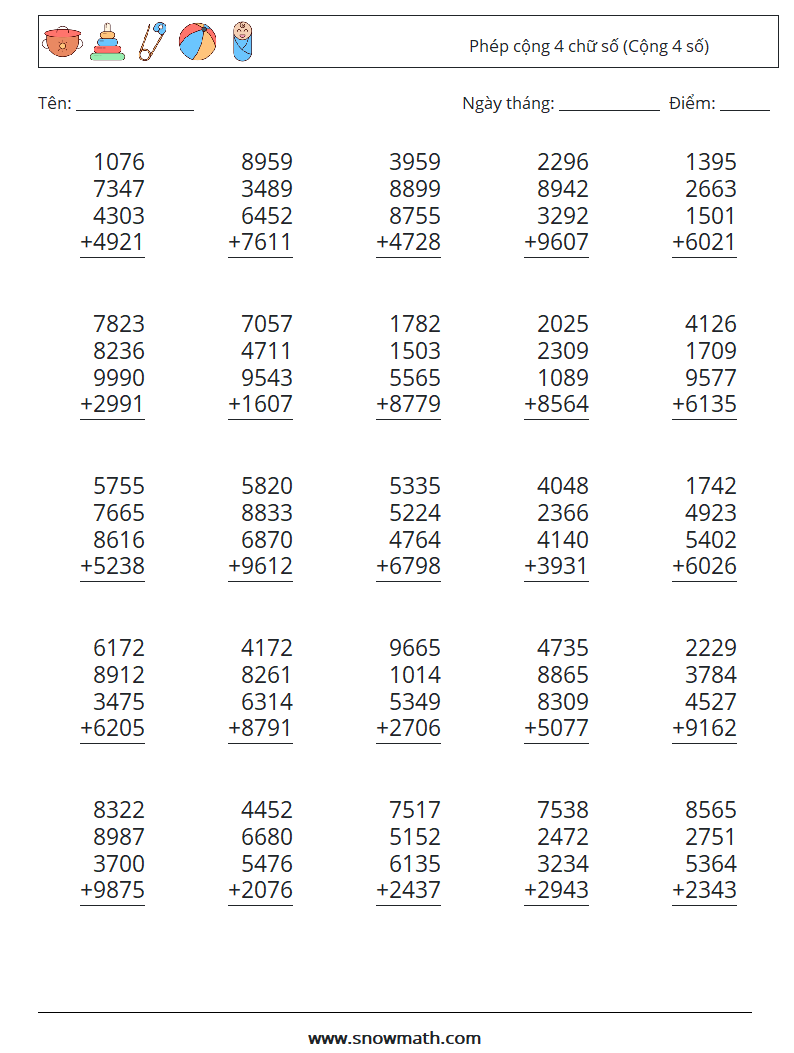 (25) Phép cộng 4 chữ số (Cộng 4 số) Bảng tính toán học 17