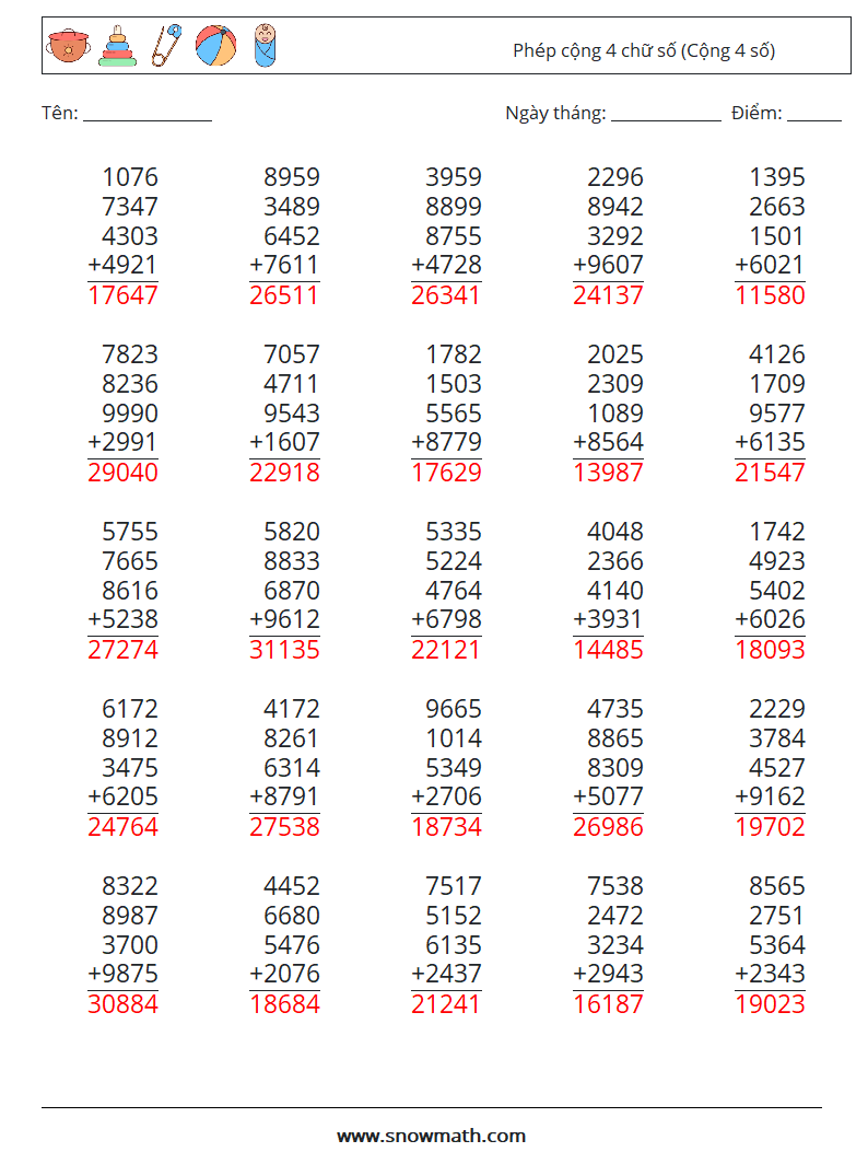 (25) Phép cộng 4 chữ số (Cộng 4 số) Bảng tính toán học 17 Câu hỏi, câu trả lời