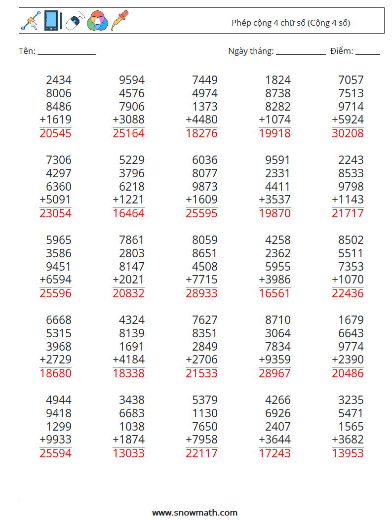 (25) Phép cộng 4 chữ số (Cộng 4 số) Bảng tính toán học 1 Câu hỏi, câu trả lời