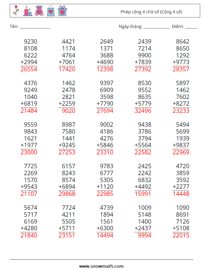 (25) Phép cộng 4 chữ số (Cộng 4 số) Bảng tính toán học 5 Câu hỏi, câu trả lời
